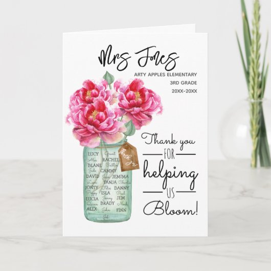 Carte noms de classe professeur merci bouquet de fleurs (Devant)