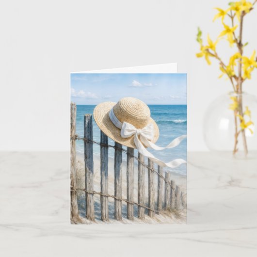 Carte Note Card Summer Hat On a Beach Fence (Fleur jaune)