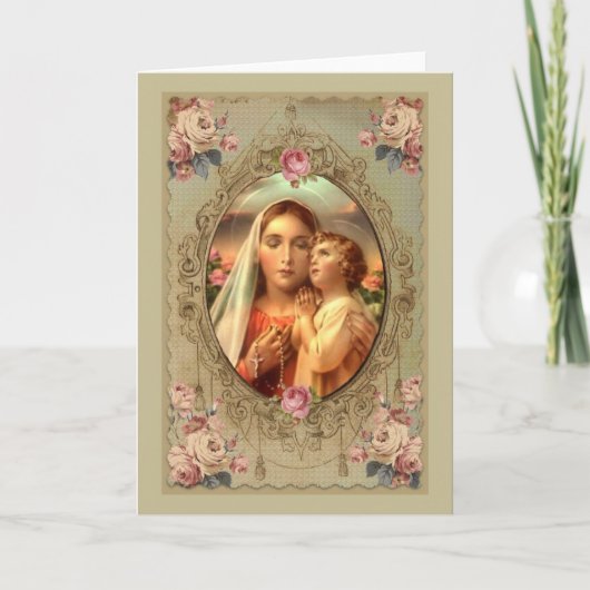 Carte Notre Dame du Rosaire avec Bébé Jésus roses (Devant)