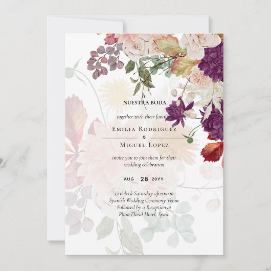 Carte NOTRE MARIAGE Plum Fall Floral Mariage Espagnol (Devant)