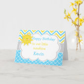 Carte Notre petit Anniversaire bleu et jaune soleil (Fleur jaune)