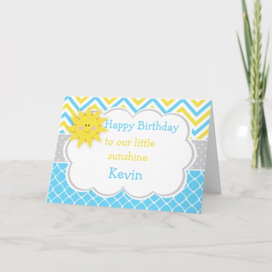Carte Notre petit Anniversaire bleu et jaune soleil (Devant)