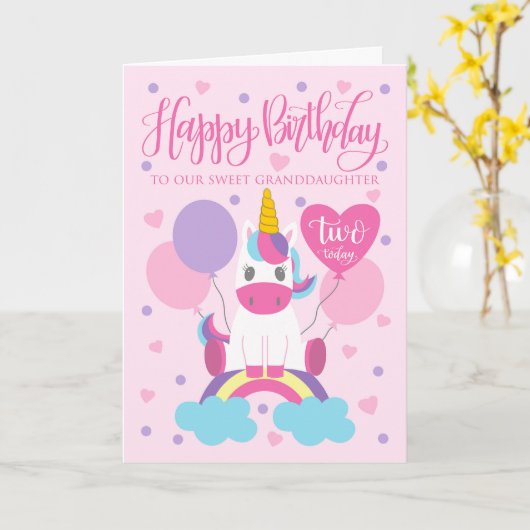 Carte Notre petite-fille Unicorn sur Rainbow 2e annivers (Fleur jaune)