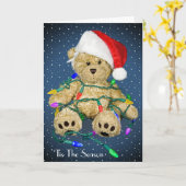 Carte Nounours De Noël Dans Les Lumières De Vacances (Fleur jaune)