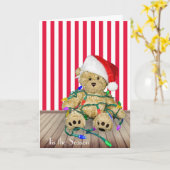 Carte Nounours De Noël Dans Les Lumières De Vacances (Fleur jaune)