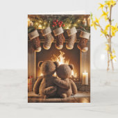 Carte Nounours de Noël devant une cheminée (Fleur jaune)