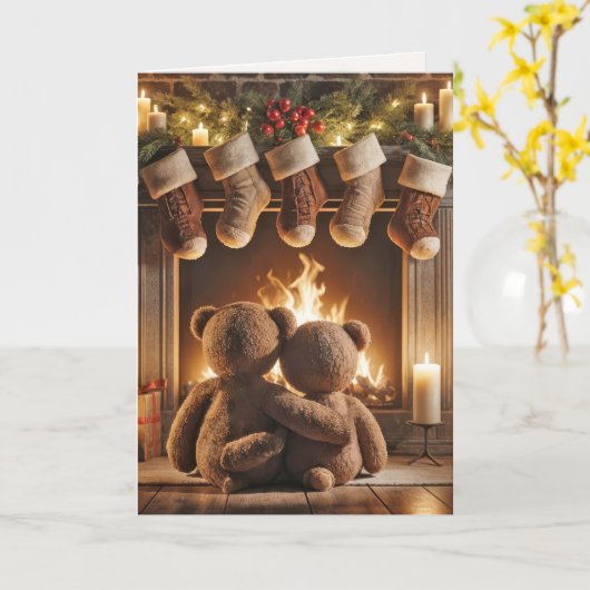 Carte Nounours de Noël devant une cheminée (Fleur jaune)