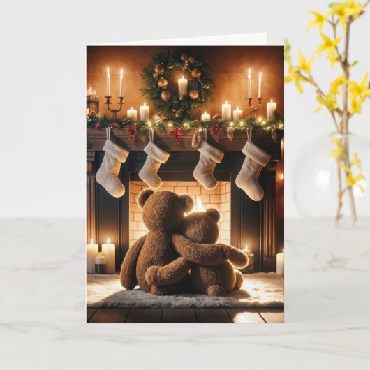 Carte Nounours Devant Une Cheminée De Noël (Fleur jaune)