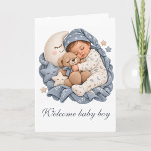 Carte Nounours d'ours en peluche bébé endormi & croissan