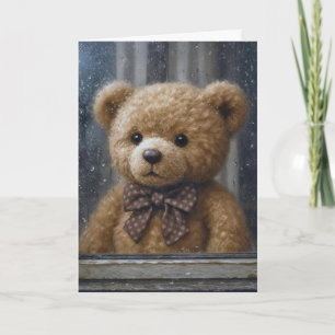 Carte Nounours en pensant à vous dans une fenêtre pluvie