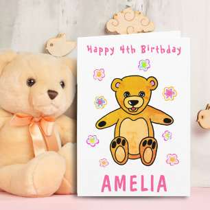Carte Nounours Ours en Peluche Fleurs Roses Joyeux Anniv