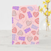 Carte Nounours Rose Violet Doux & Motif de Coeur (Fleur jaune)