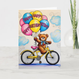 Carte Nounours sur bicyclette tenant des ballons