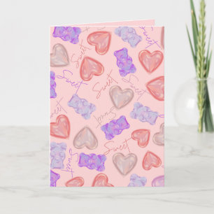 Carte Nounours Teddy Bear Rose Violet & Motif de Coeur