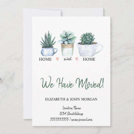 Carte Nous Avons Déménagé, Aquarelle Fleurs Cactus (Devant)