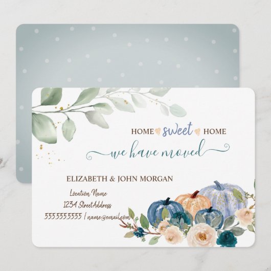 Carte Nous Avons Déménagé, Citrouille Aquarelle, Fleurs, (Devant / Derrière)