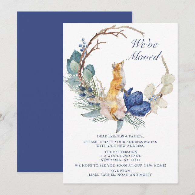 Carte Nous avons déplacé mignon bois Fox aquarelle Flora (Devant / Derrière)