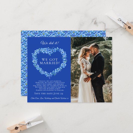 Carte Nous l'avons fait marié bleu oubli-me-pas mariage (Devant/Arrière en situation)