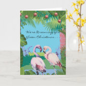 Carte Nous rêvons d'un Noël vert flamants roses (Fleur jaune)