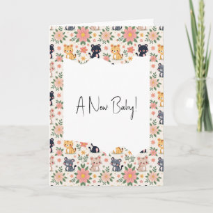 Carte Nouveau bébé chats et fleurs de la jungle
