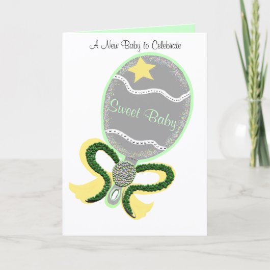 Carte Nouveau bébé Félicitations Green Yellow Rattle (Devant)