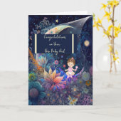 Carte Nouveau bébé fille avec lune et étoiles (Fleur jaune)