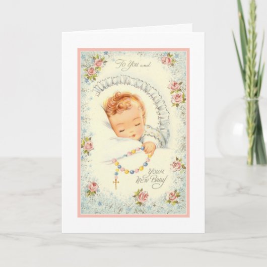 Carte Nouveau bébé fille rose Roses Rosaire catholique (Devant)
