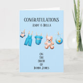 Carte Nouveau bébé garçon bleu félicitations personnalis (Devant)
