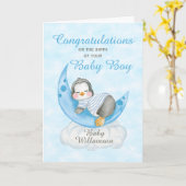 Carte Nouveau bébé Garçon bleu pingouin lune (Fleur jaune)