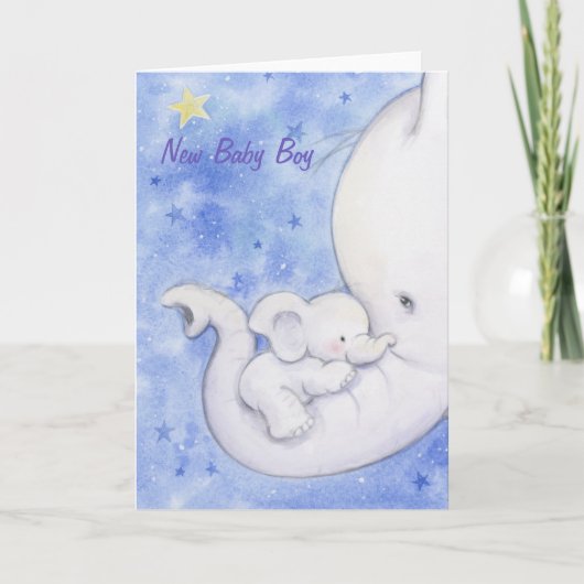 Carte Nouveau bébé garçon, mignonne mère éléphant tenant (Devant)