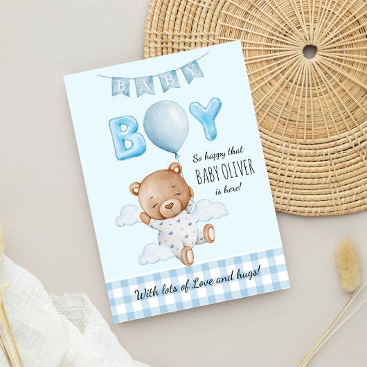 Carte Nouveau bébé garçon Ours en peluche avec Ballons