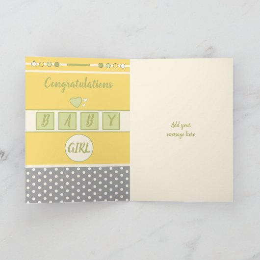 Carte Nouveau bébé jaune vert gris avec nom bienvenue (Intérieur)