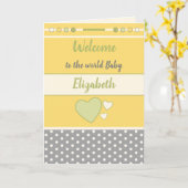Carte Nouveau bébé jaune vert gris avec nom bienvenue (Fleur jaune)