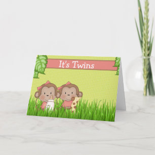 Carte Nouveau bébé Twin Girls mignonne singe