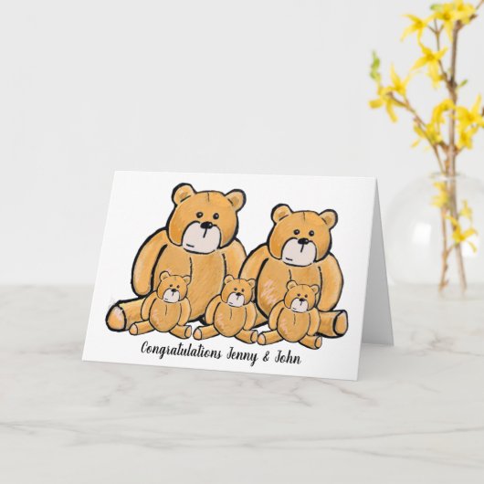 Carte Nouveaux triplés bébé ours (Fleur jaune)