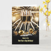 Carte Nouvel An Anniversaire Champagne et feux d'artific (Fleur jaune)