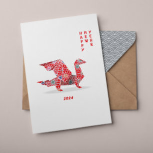 Carte Nouvel An chinois 2024 Dragon Origami Rouge