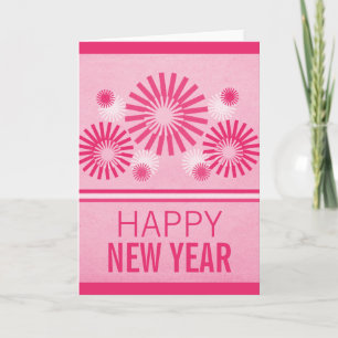 Carte Nouvel An Feux d'Artifice Funky, Rose
