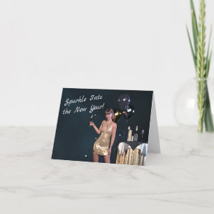 Carte Nouvel An Fille de la Soirée en Robe Séquinée