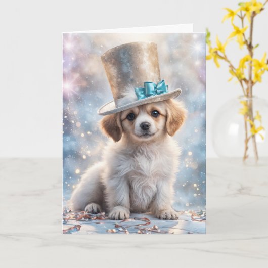 Carte Nouvel an mignon chiot visage sucré avec chapeau s (Fleur jaune)