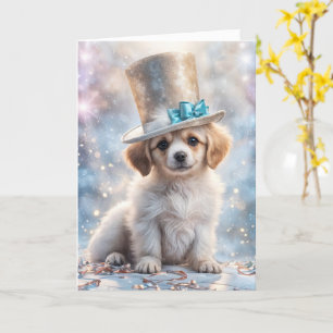 Carte Nouvel an mignon chiot visage sucré avec chapeau s