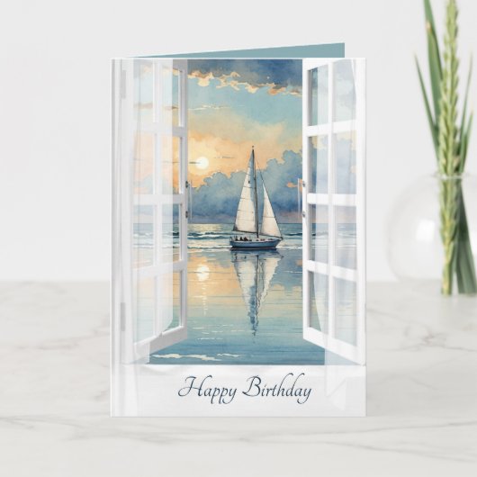 Carte Nouvel Anniversaire Bateau à voile dans une fenêtr (Devant)