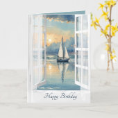 Carte Nouvel Anniversaire Bateau à voile dans une fenêtr (Fleur jaune)