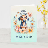 Carte Nouvel anniversaire du mignon chien Weenie | Ajout (Fleur jaune)