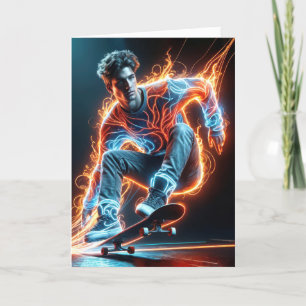 Carte Nouvel Anniversaire Neon Skateboarder Sur Noir