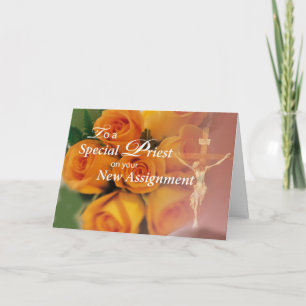 Carte Nouvelle Affectation Prêtre Roses Jaunes Croix