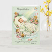 Carte Nouvelle Bébée fille avec anges, Croix, Roses rose (Fleur jaune)