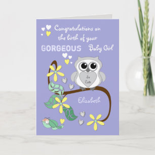 Carte Nouvelle petite fille frémit violet avec un chouet