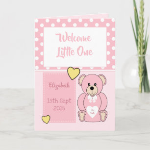 Carte Nouvelle petite fille Ours en peluche rose message