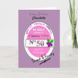 Carte Novelty 50th Milestone Anniversaire Funny Vin Étiq<br><div class="desc">Carte d'anniversaire d'étape personnalisée pour les femmes qui ont cinquante ans ; un drôle de dessin de nouveauté d'un faux étiquette de vin. Edition spéciale vintage, mousseuse, brillante. le petit no 50 pas trop cher ; vieilli à la perfection, doux et fruité. Carte de voeux mignonne rose et violet qui...</div>